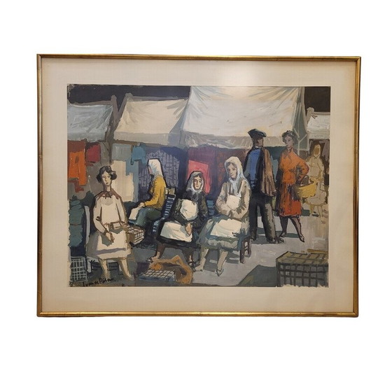 Image 1 of Vintage watercolor "Market" by Juan de Palau
