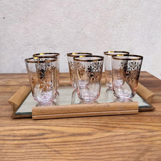 Image 1 of Vintage mirror tray in milled mirror glass with 6 glasses, Germany 1960