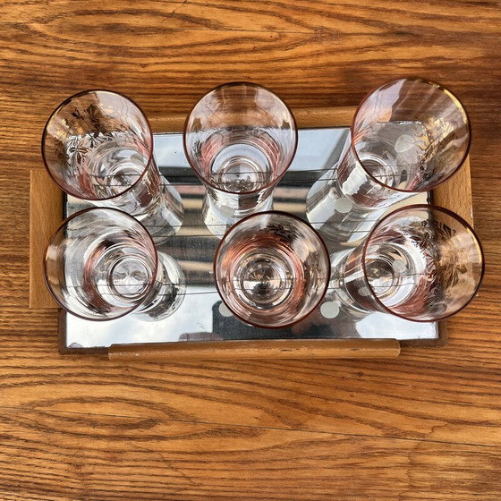 Image 1 of Vintage mirror tray in milled mirror glass with 6 glasses, Germany 1960