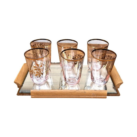 Image 1 of Vintage mirror tray in milled mirror glass with 6 glasses, Germany 1960