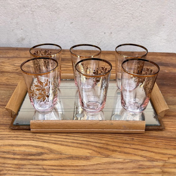 Image 1 of Vintage mirror tray in milled mirror glass with 6 glasses, Germany 1960