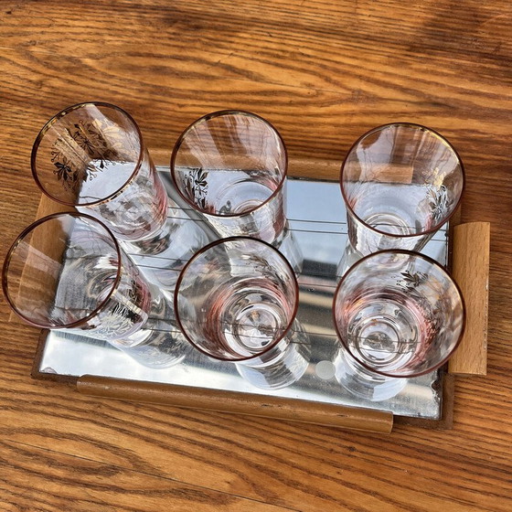 Image 1 of Vintage mirror tray in milled mirror glass with 6 glasses, Germany 1960