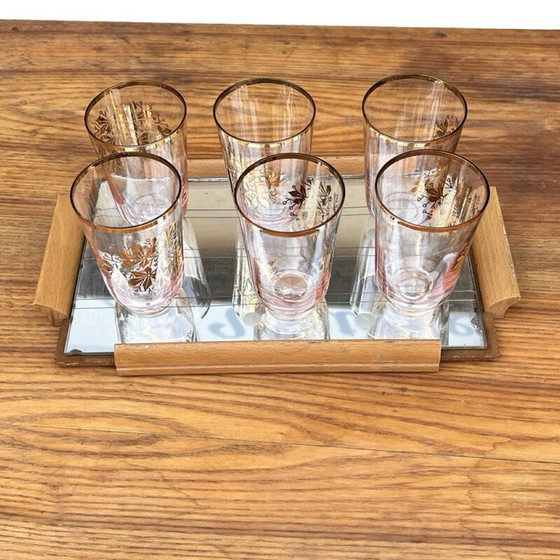 Image 1 of Vintage mirror tray in milled mirror glass with 6 glasses, Germany 1960