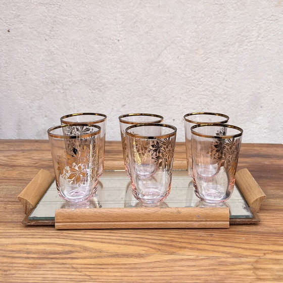 Image 1 of Vintage mirror tray in milled mirror glass with 6 glasses, Germany 1960