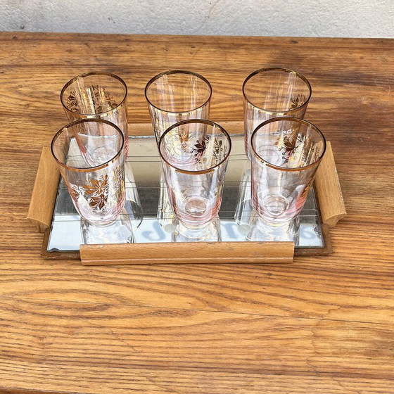 Image 1 of Vintage mirror tray in milled mirror glass with 6 glasses, Germany 1960