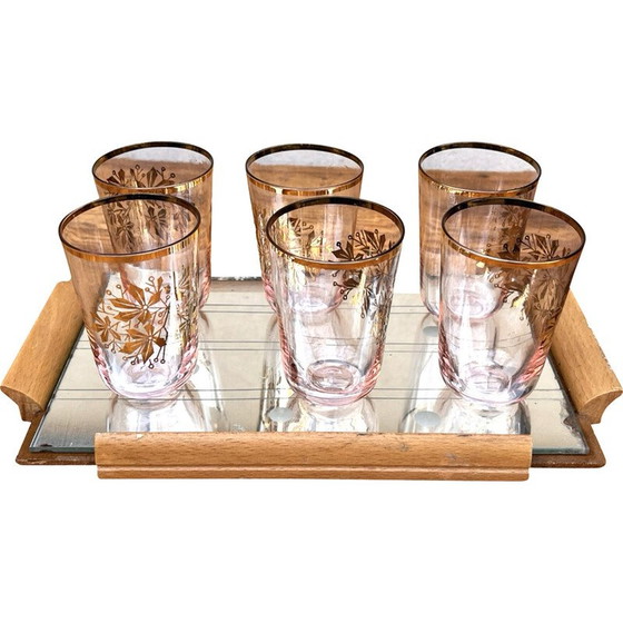 Image 1 of Vintage mirror tray in milled mirror glass with 6 glasses, Germany 1960