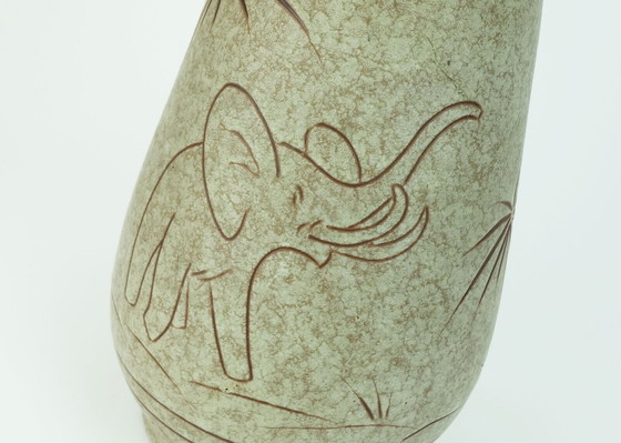 Image 1 of early 1960s u-keramik mid century ceramic VASE model no. 137/30 elephants and palmtrees decor