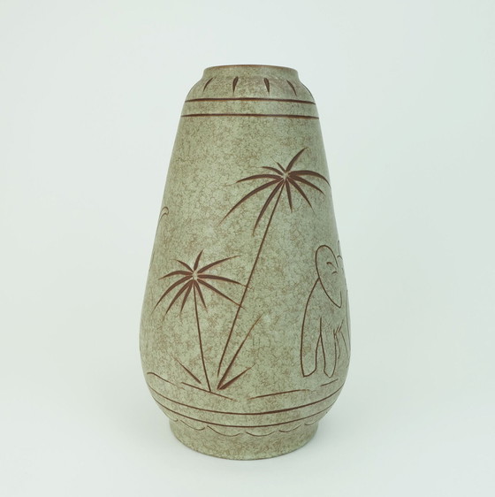 Image 1 of early 1960s u-keramik mid century ceramic VASE model no. 137/30 elephants and palmtrees decor