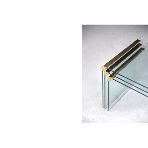 Image 1 of Set of 3 vintage Glamour Glass and Brass Waterfall Side Table by Leon Rosen for Pace Collection 1970s
