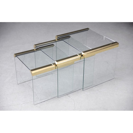 Image 1 of Set of 3 vintage Glamour Glass and Brass Waterfall Side Table by Leon Rosen for Pace Collection 1970s