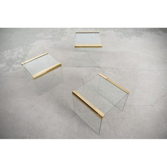 Image 1 of Set of 3 vintage Glamour Glass and Brass Waterfall Side Table by Leon Rosen for Pace Collection 1970s