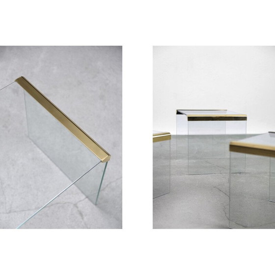 Image 1 of Set of 3 vintage Glamour Glass and Brass Waterfall Side Table by Leon Rosen for Pace Collection 1970s