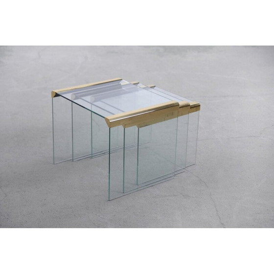 Image 1 of Set of 3 vintage Glamour Glass and Brass Waterfall Side Table by Leon Rosen for Pace Collection 1970s