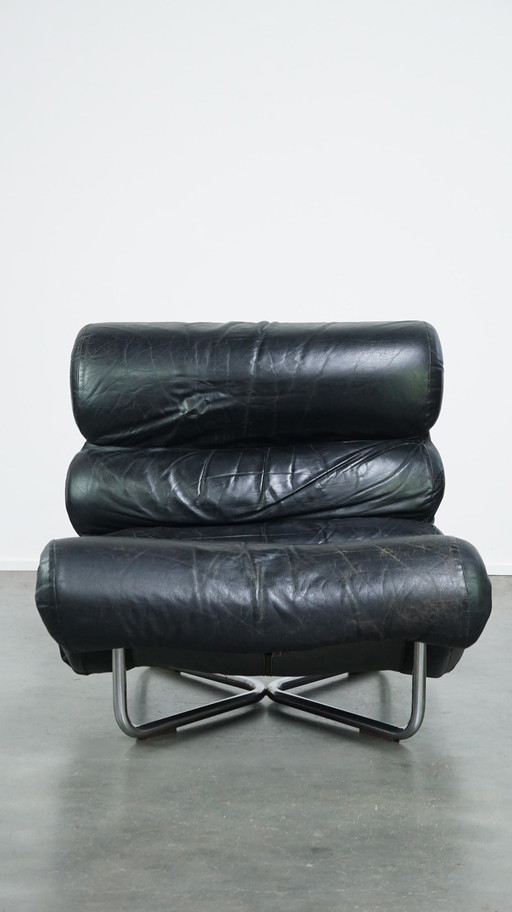 Belgian Design Lounge Armchair By Georges-Charles Model Glasgow For Etching Verhaegen From The 1970s In Black Leather