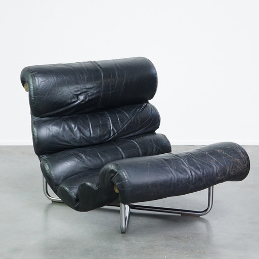 Belgian Design Lounge Armchair By Georges-Charles Model Glasgow For Etching Verhaegen From The 1970s In Black Leather