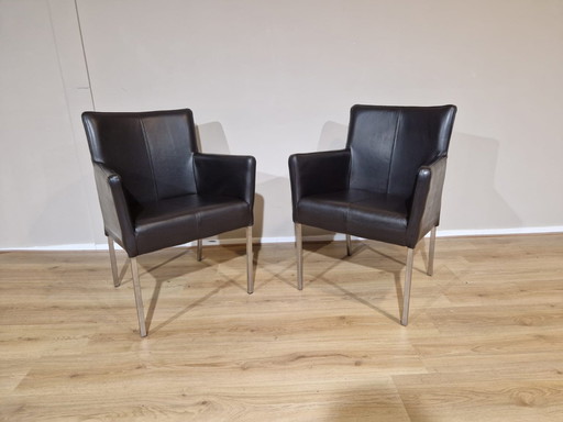 2X Designer Armchairs Brown Leather Dining Chairs