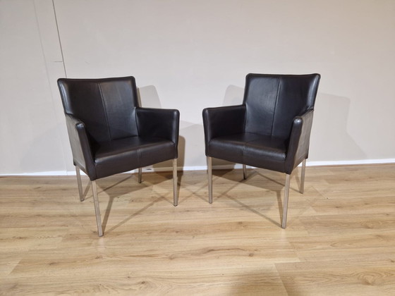 Image 1 of 2X Designer Armchairs Brown Leather Dining Chairs