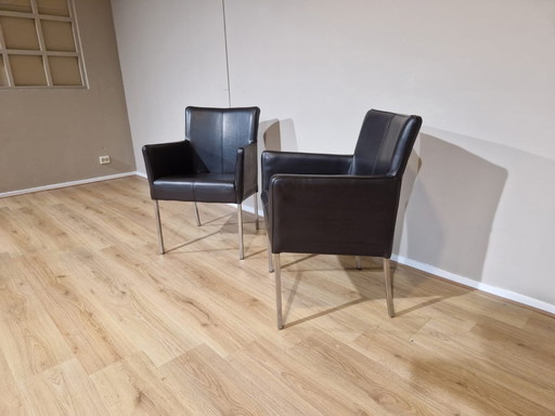 2X Fauteuils design Chaises de salle à manger en cuir marron