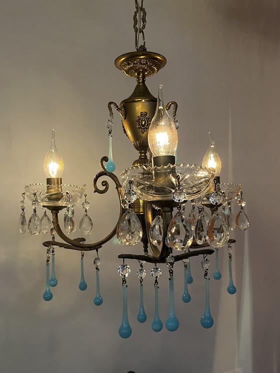 Image 1 of Set of 2 opaline azure blue teardrop chandeliers