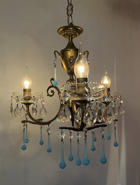 Image 1 of Set of 2 opaline azure blue teardrop chandeliers