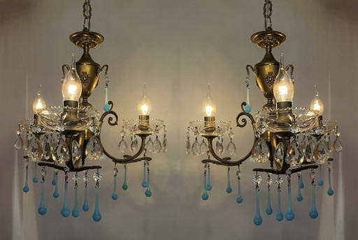 Set of 2 opaline azure blue teardrop chandeliers