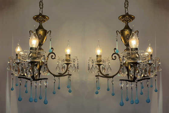 Image 1 of Set of 2 opaline azure blue teardrop chandeliers