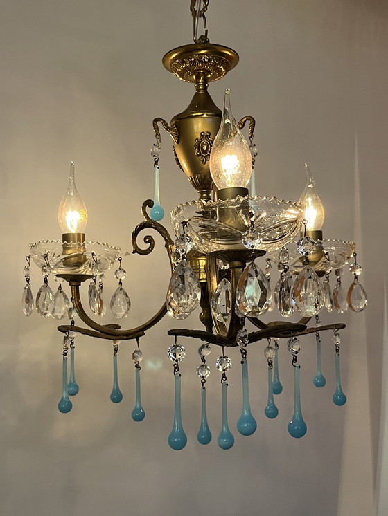 Image 1 of Set of 2 opaline azure blue teardrop chandeliers