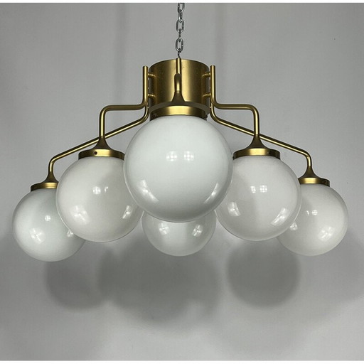 Mid-century brass and milk glass pendant lamp by Reggiani, Italy 1970s