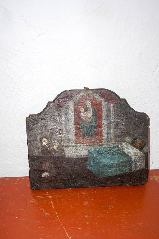 Ex Voto * Antique Late 18Th Century *  Italian Religious Folk Art Painting * Madonna And Child * Sickness Illness * Oil On Wood 