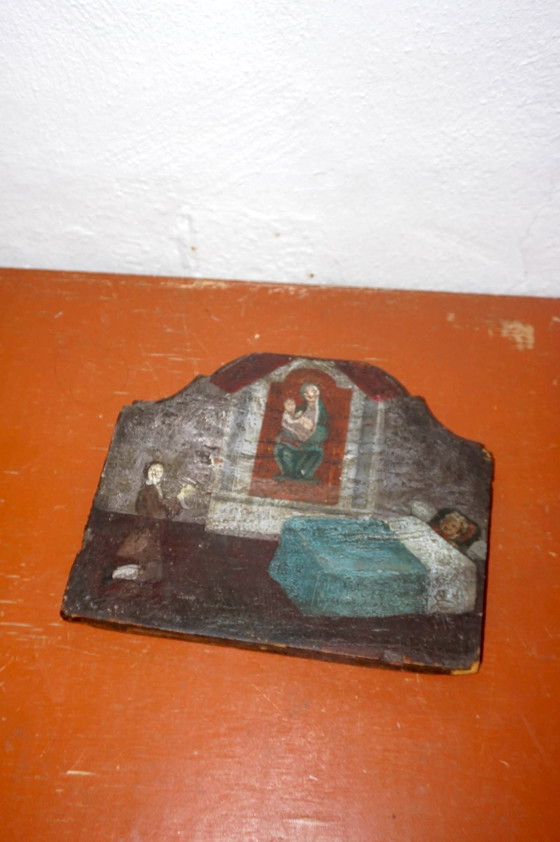 Image 1 of Ex Voto * Antique Late 18Th Century *  Italian Religious Folk Art Painting * Madonna And Child * Sickness Illness * Oil On Wood 