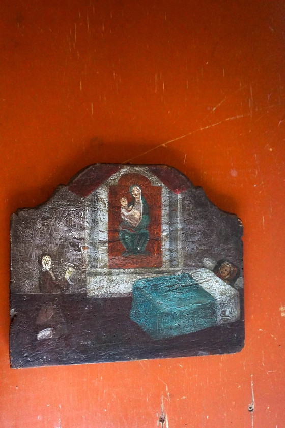 Image 1 of Ex Voto * Antique Late 18Th Century *  Italian Religious Folk Art Painting * Madonna And Child * Sickness Illness * Oil On Wood 