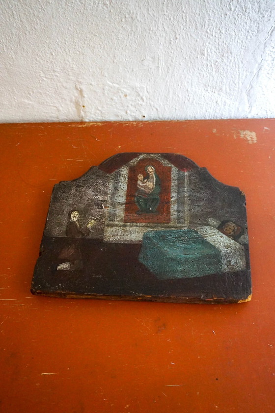 Image 1 of Ex Voto * Antique Late 18Th Century *  Italian Religious Folk Art Painting * Madonna And Child * Sickness Illness * Oil On Wood 