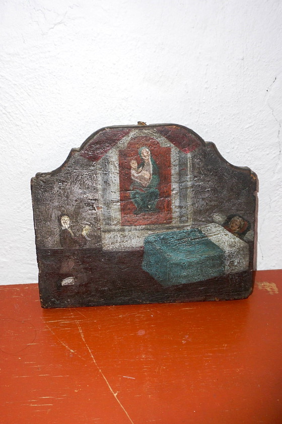 Image 1 of Ex Voto * Antique Late 18Th Century *  Italian Religious Folk Art Painting * Madonna And Child * Sickness Illness * Oil On Wood 