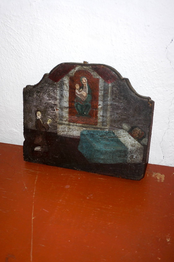 Image 1 of Ex Voto * Antique Late 18Th Century *  Italian Religious Folk Art Painting * Madonna And Child * Sickness Illness * Oil On Wood 