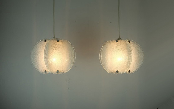 Image 1 of mid century modern 2-light ice glass PENDANT LAMP 1960s 70s