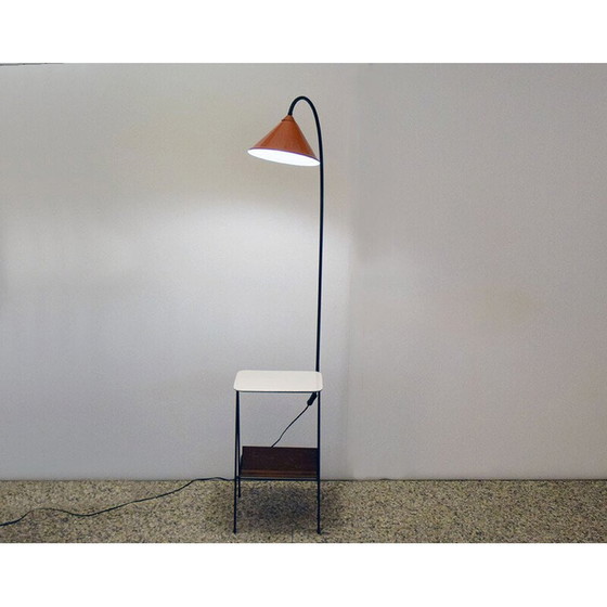 Image 1 of Vintage white wood and metal floor lamp with coffee table and magazine rack, 1950