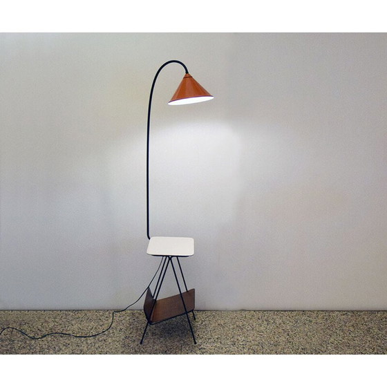 Image 1 of Vintage white wood and metal floor lamp with coffee table and magazine rack, 1950