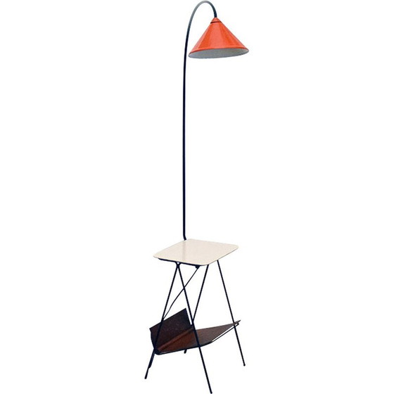 Image 1 of Vintage white wood and metal floor lamp with coffee table and magazine rack, 1950