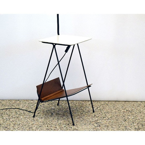 Image 1 of Vintage white wood and metal floor lamp with coffee table and magazine rack, 1950