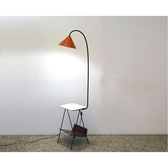 Image 1 of Vintage white wood and metal floor lamp with coffee table and magazine rack, 1950