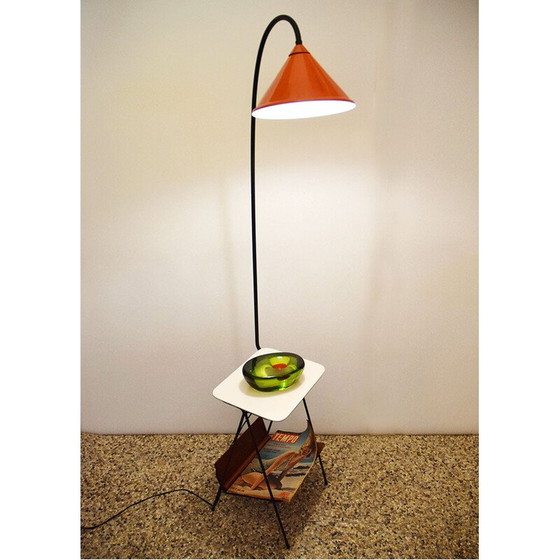 Image 1 of Vintage white wood and metal floor lamp with coffee table and magazine rack, 1950