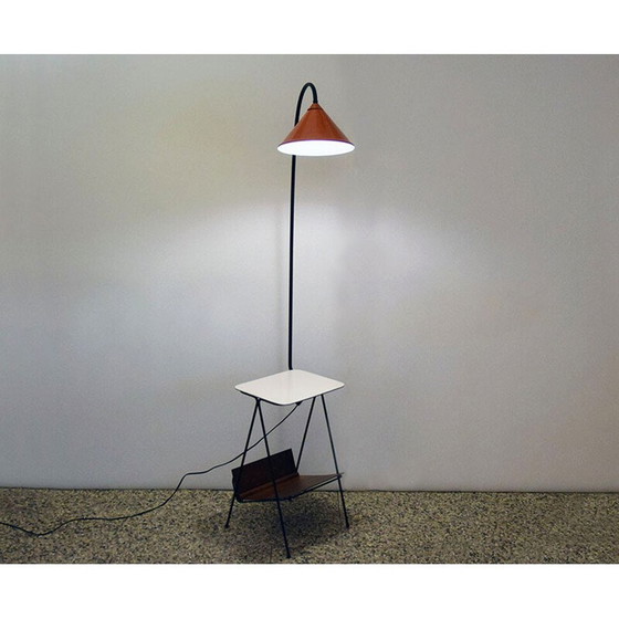 Image 1 of Vintage white wood and metal floor lamp with coffee table and magazine rack, 1950