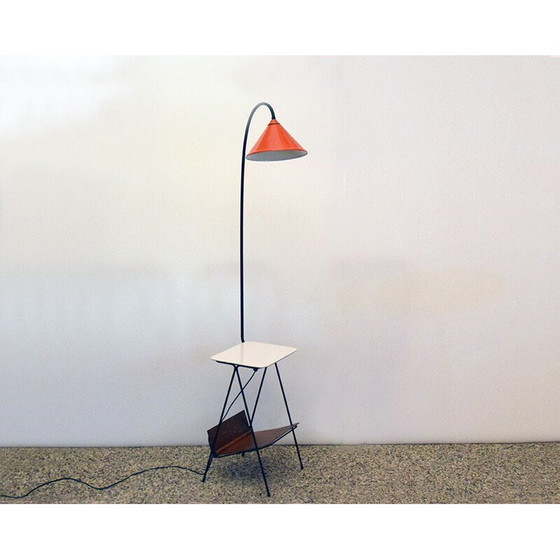 Image 1 of Vintage white wood and metal floor lamp with coffee table and magazine rack, 1950