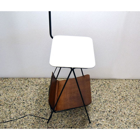 Image 1 of Vintage white wood and metal floor lamp with coffee table and magazine rack, 1950