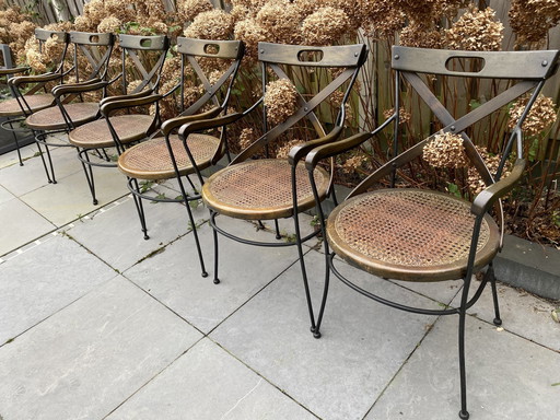 6 sillas vintage industriales de metal y madera con correas cruzadas 