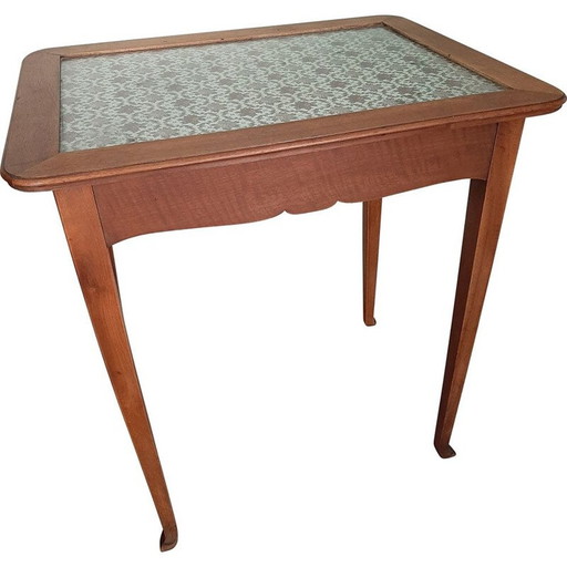 Vintage wood side table with glass top, 1920