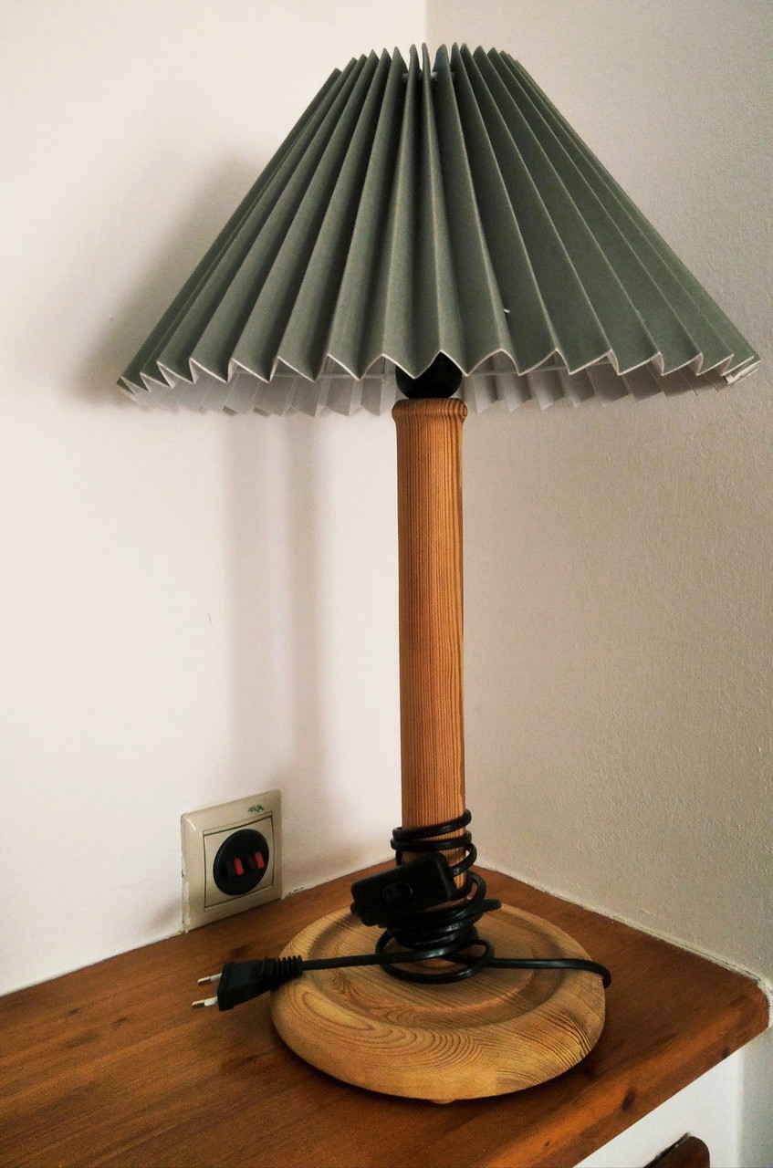 Vintage Wooden Table Lamp With New Pleated Lampshade, 80's Hungary