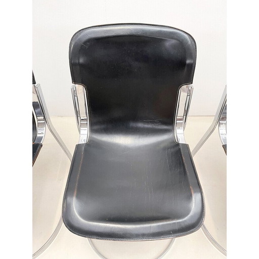 Set of 5 vintage leather and steel dining chairs for Cidue, Italy 1970