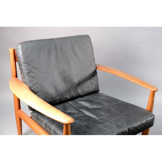 Image 1 of Pair of vintage teak and black leather armchairs by Grete Jalk for France et Søn