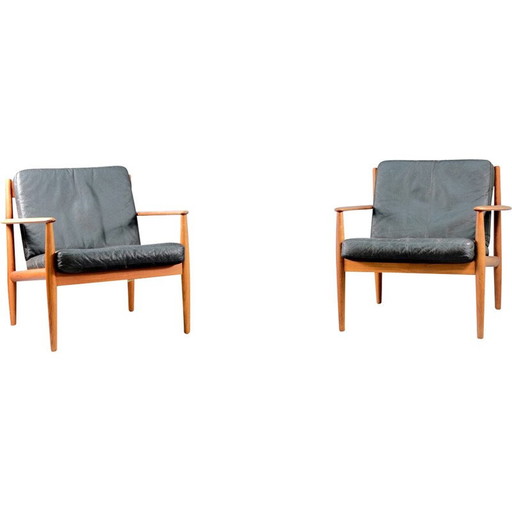 Pair of vintage teak and black leather armchairs by Grete Jalk for France et Søn